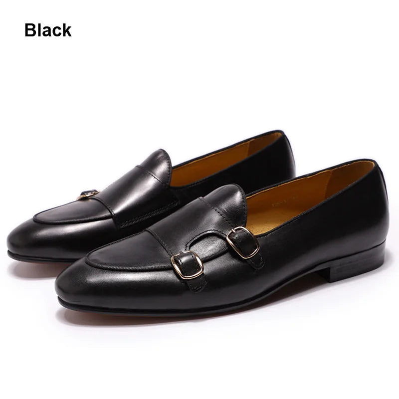 FELIX CHU Men's Genuine Leather Loafers Handmade Monk Strap Casual Dress Shoes for Wedding Party Summer Autumn Footwear