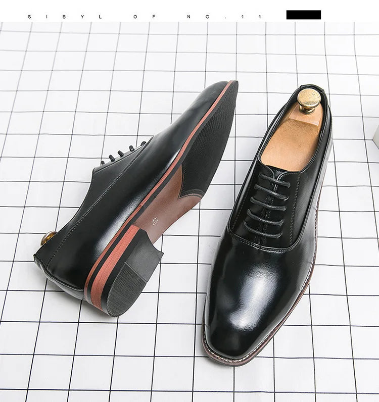 Gentleman's Leather Shoes with Rubber Sole Men's Formal Shoes Low Top Sharp Toe Leather Patchwork Business Shoes for Adults