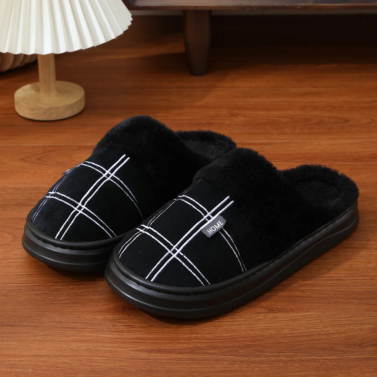 Fashion Men Home Slippers Warm Soft Non-Slip Slippers Black Large Size 40-51 Plaid Memory Foam Winter Plush Male Indoor Shoes