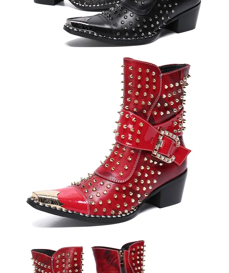 Spring and autumn fashion singer model personality high heel pointed Leather Boots Men's shoes quality rivet men's Boots