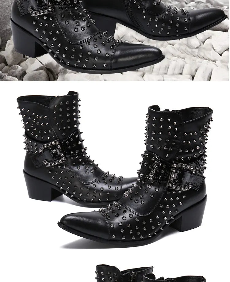 Spring and autumn fashion singer model personality high heel pointed Leather Boots Men's shoes quality rivet men's Boots