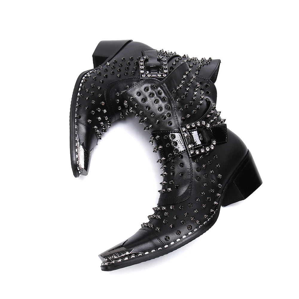Spring and autumn fashion singer model personality high heel pointed Leather Boots Men's shoes quality rivet men's Boots