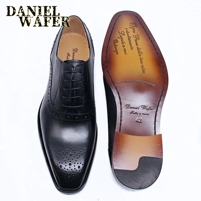 Men's Genuine Leather Oxford Shoes Brown & Black High-Quality Snake Print Lace-Up Business Dress Suit Wedding Shoes