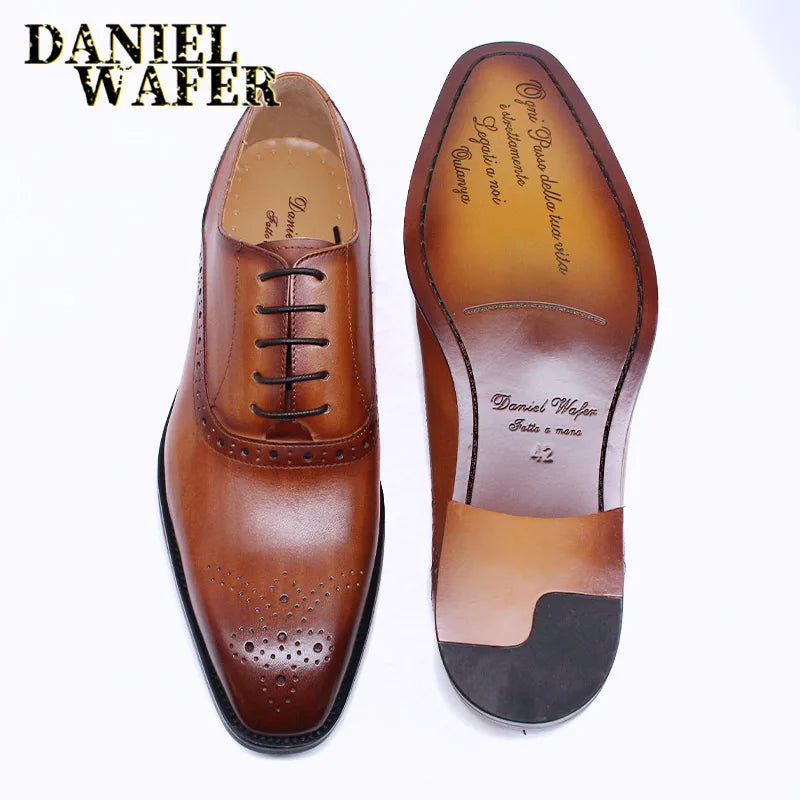 Men's Genuine Leather Oxford Shoes Brown & Black High-Quality Snake Print Lace-Up Business Dress Suit Wedding Shoes