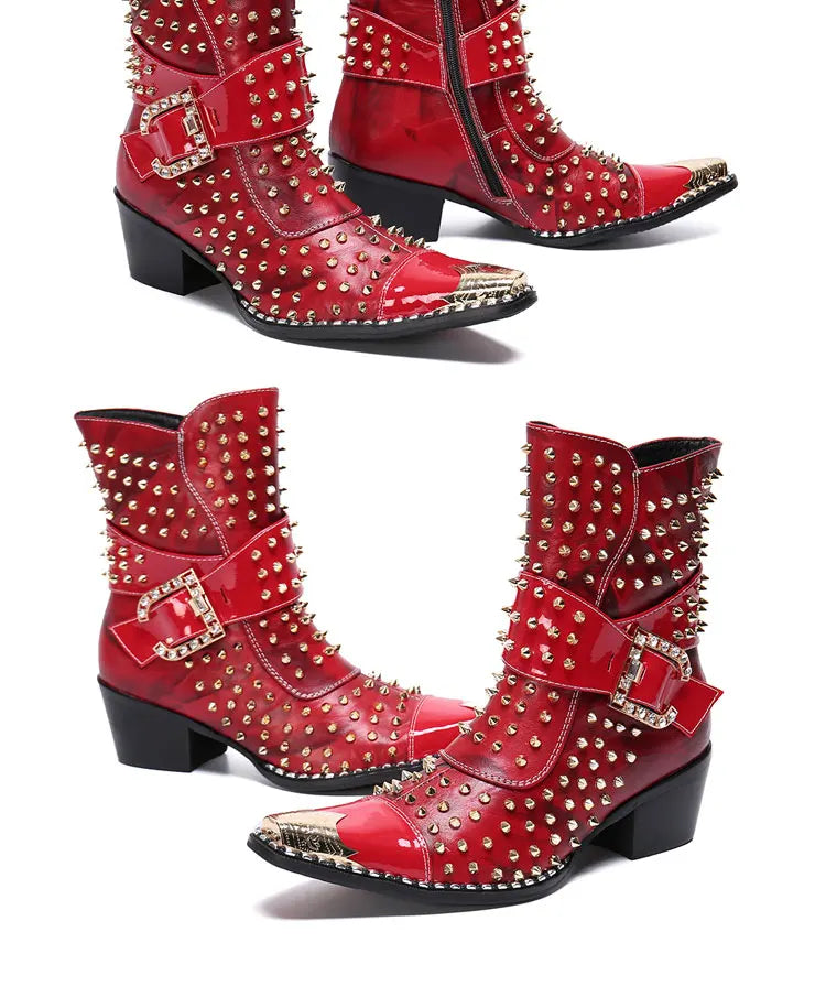Spring and autumn fashion singer model personality high heel pointed Leather Boots Men's shoes quality rivet men's Boots