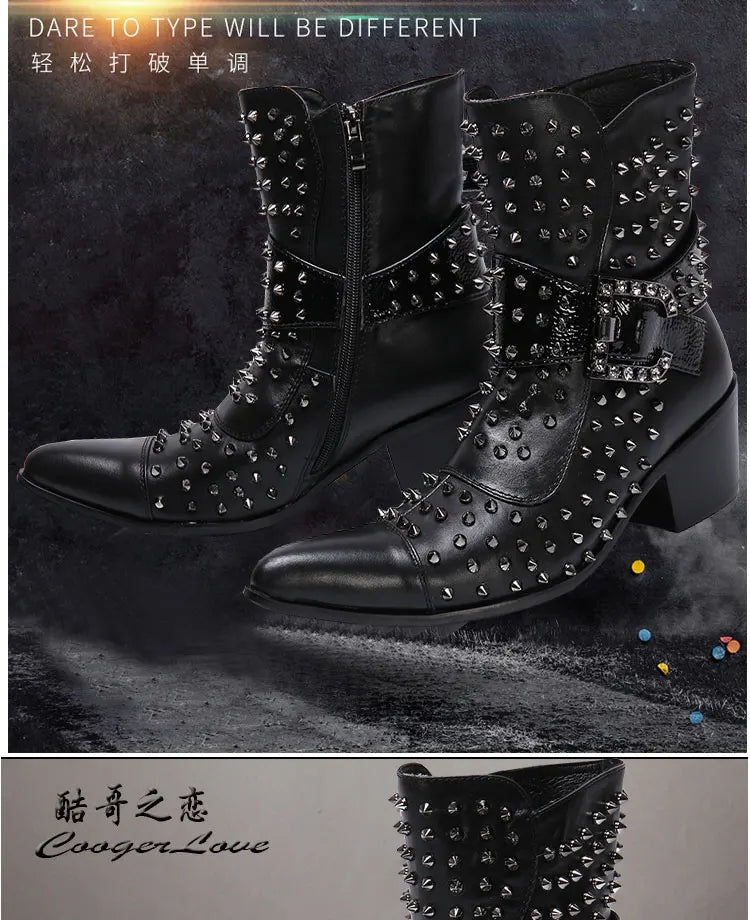 Spring and autumn fashion singer model personality high heel pointed Leather Boots Men's shoes quality rivet men's Boots
