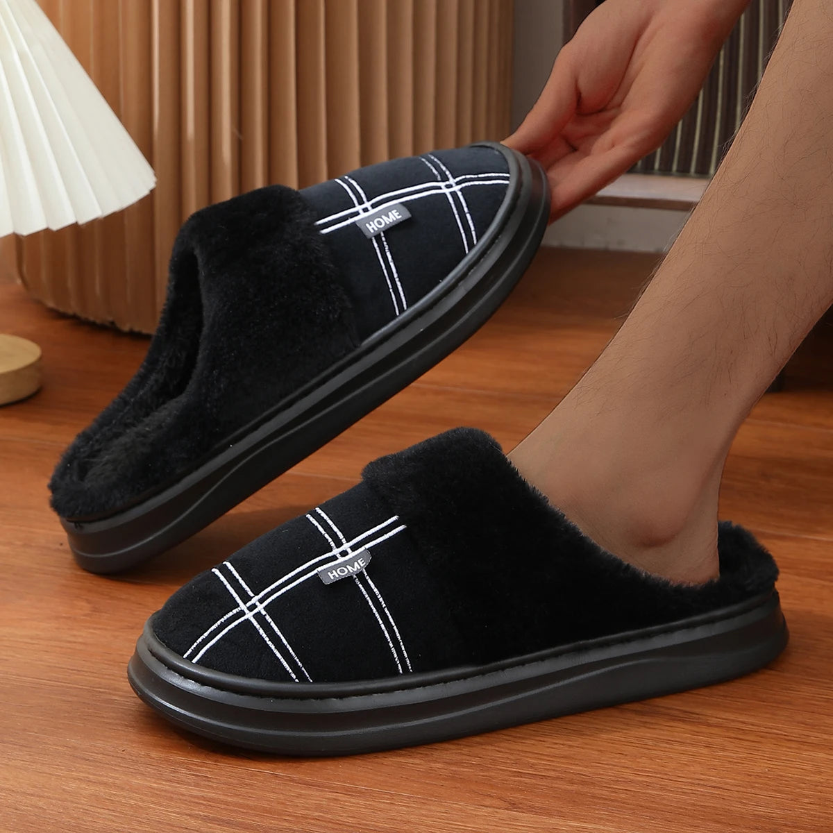 Fashion Men Home Slippers Warm Soft Non-Slip Slippers Black Large Size 40-51 Plaid Memory Foam Winter Plush Male Indoor Shoes