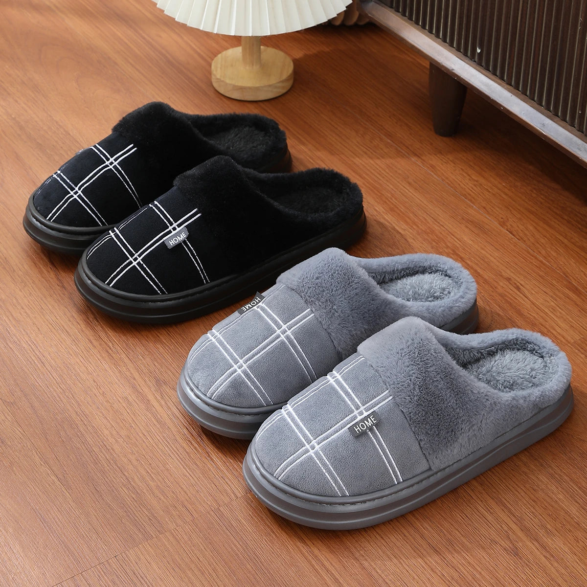 Fashion Men Home Slippers Warm Soft Non-Slip Slippers Black Large Size 40-51 Plaid Memory Foam Winter Plush Male Indoor Shoes