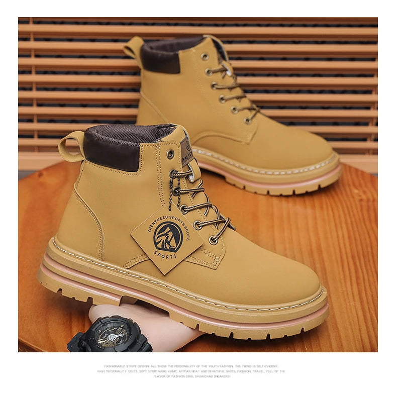 Men Leather Shoes High Top Boots Fashion Motorcycle Ankle Boots Men Winter Boots Man Shoes Lace-Up Botas Hombre Spring Hot Sale