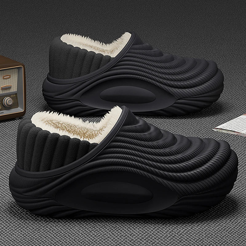 Warm Plush Waterproof EVA Indoor Slippers For Women Winter Soft Thick Bottom Non Slip Home Slippers Couple's Furry Slides