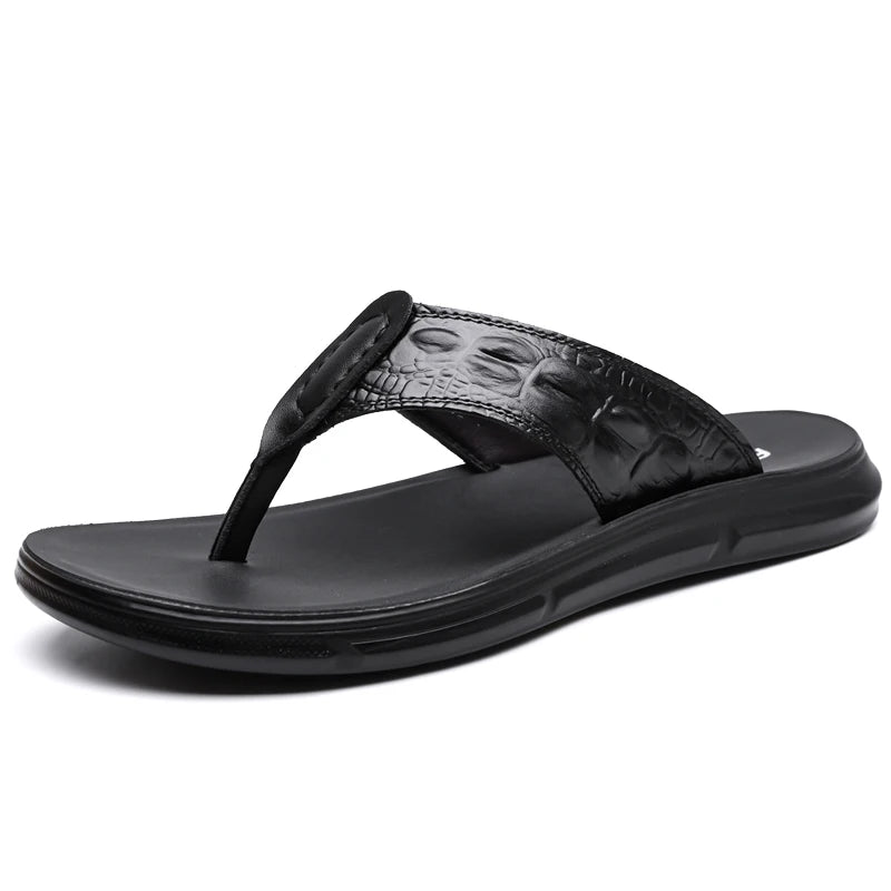 New Stylish Casual Mens Flip Flops Leather Sandals Summer Beach Walk Slippers Outdoor Male Leather Slides Man Breathable Sandals