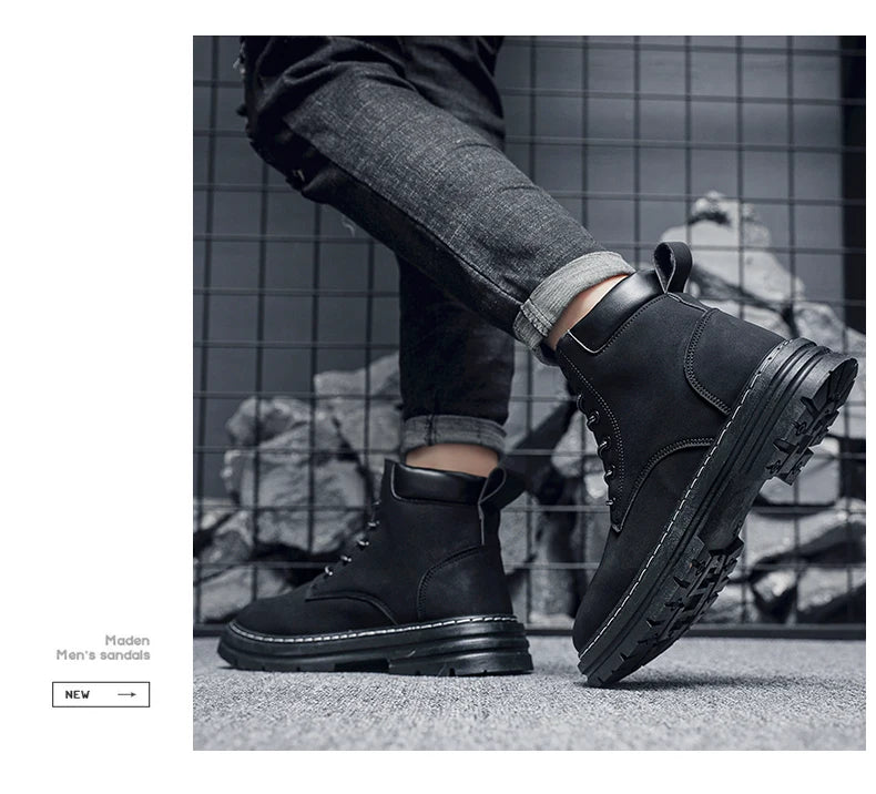 Men Leather Shoes High Top Boots Fashion Motorcycle Ankle Boots Men Winter Boots Man Shoes Lace-Up Botas Hombre Spring Hot Sale