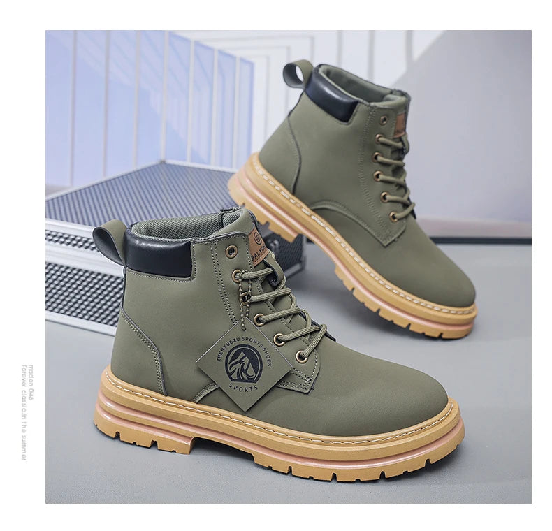 Men Leather Shoes High Top Boots Fashion Motorcycle Ankle Boots Men Winter Boots Man Shoes Lace-Up Botas Hombre Spring Hot Sale