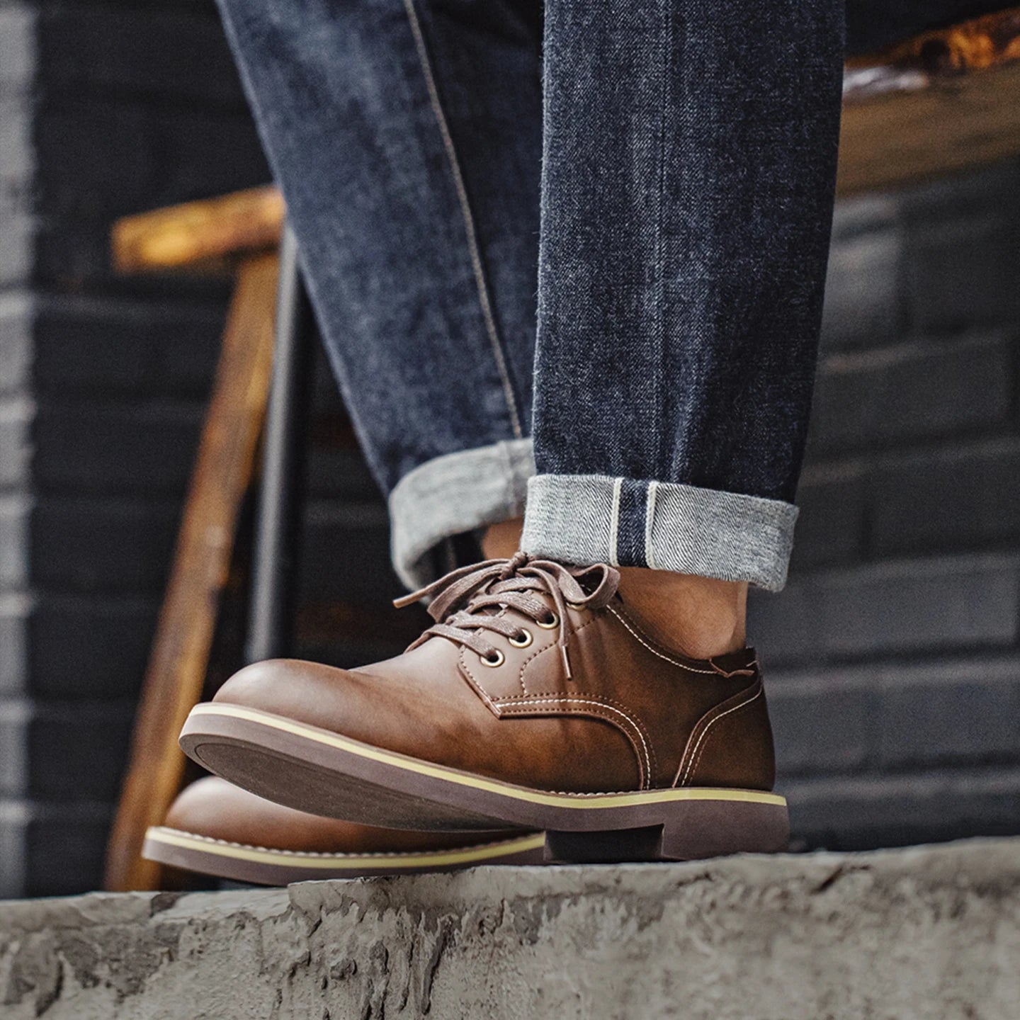 Maden Men's Vintage Split Leather Dress Shoes Classic Low-top Work Boots Round-toed Shoes for Spring Fall Smart Casual Shoes