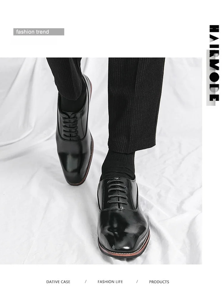 Gentleman's Leather Shoes with Rubber Sole Men's Formal Shoes Low Top Sharp Toe Leather Patchwork Business Shoes for Adults