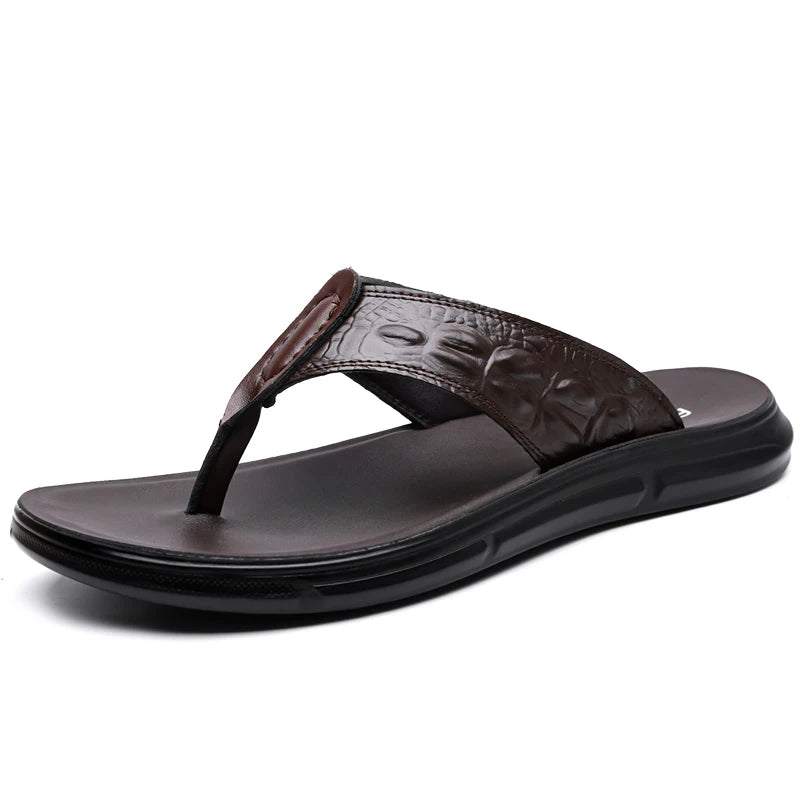 New Stylish Casual Mens Flip Flops Leather Sandals Summer Beach Walk Slippers Outdoor Male Leather Slides Man Breathable Sandals