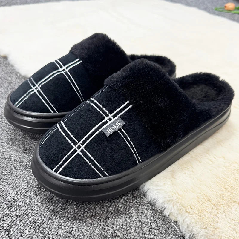 Fashion Men Home Slippers Warm Soft Non-Slip Slippers Black Large Size 40-51 Plaid Memory Foam Winter Plush Male Indoor Shoes