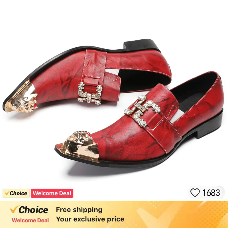 Men's Genuine Leather Fashion Graffiti Designer Flats Metal Pointed Toe Party Dressing Shoes plus Size