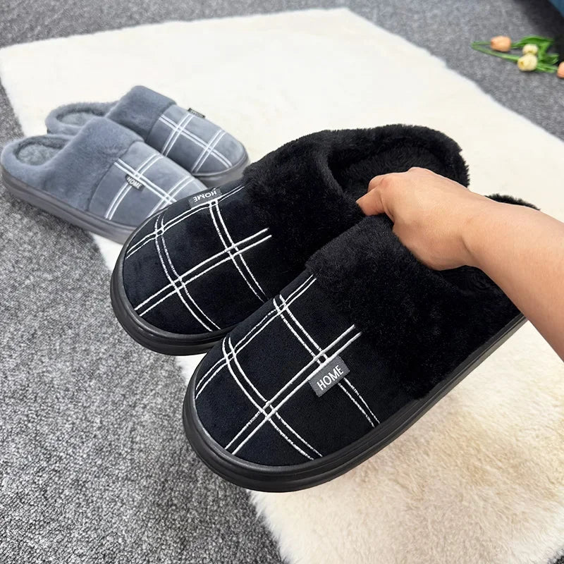 Fashion Men Home Slippers Warm Soft Non-Slip Slippers Black Large Size 40-51 Plaid Memory Foam Winter Plush Male Indoor Shoes