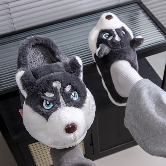 Plush Husky Slippers Plush Closed Toe Slippers Anti Slip Flat Thermal Slippers Comfortable Slip-on House Shoes for Autumn Winter
