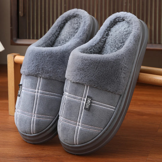 Fashion Men Home Slippers Warm Soft Non-Slip Slippers Black Large Size 40-51 Plaid Memory Foam Winter Plush Male Indoor Shoes