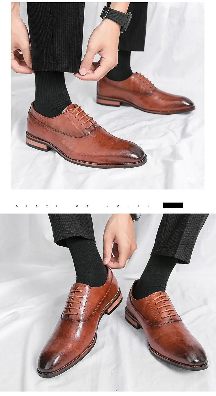 Gentleman's Leather Shoes with Rubber Sole Men's Formal Shoes Low Top Sharp Toe Leather Patchwork Business Shoes for Adults