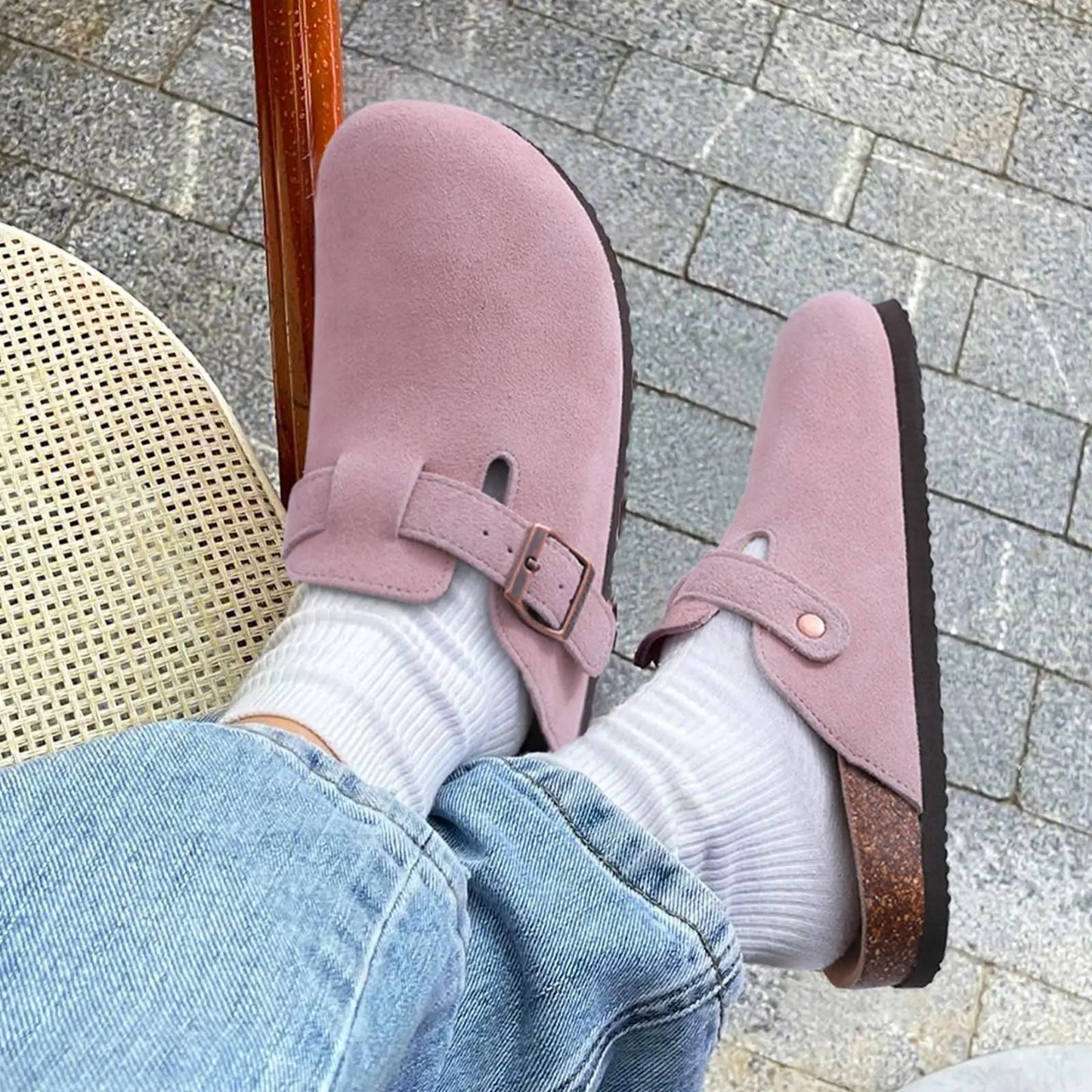 Comwarm Fashion Men's Suede Mules Slippers New Women Clogs Cork Insole Sandals With Arch Support Outdoor Beach Slides Home Shoes