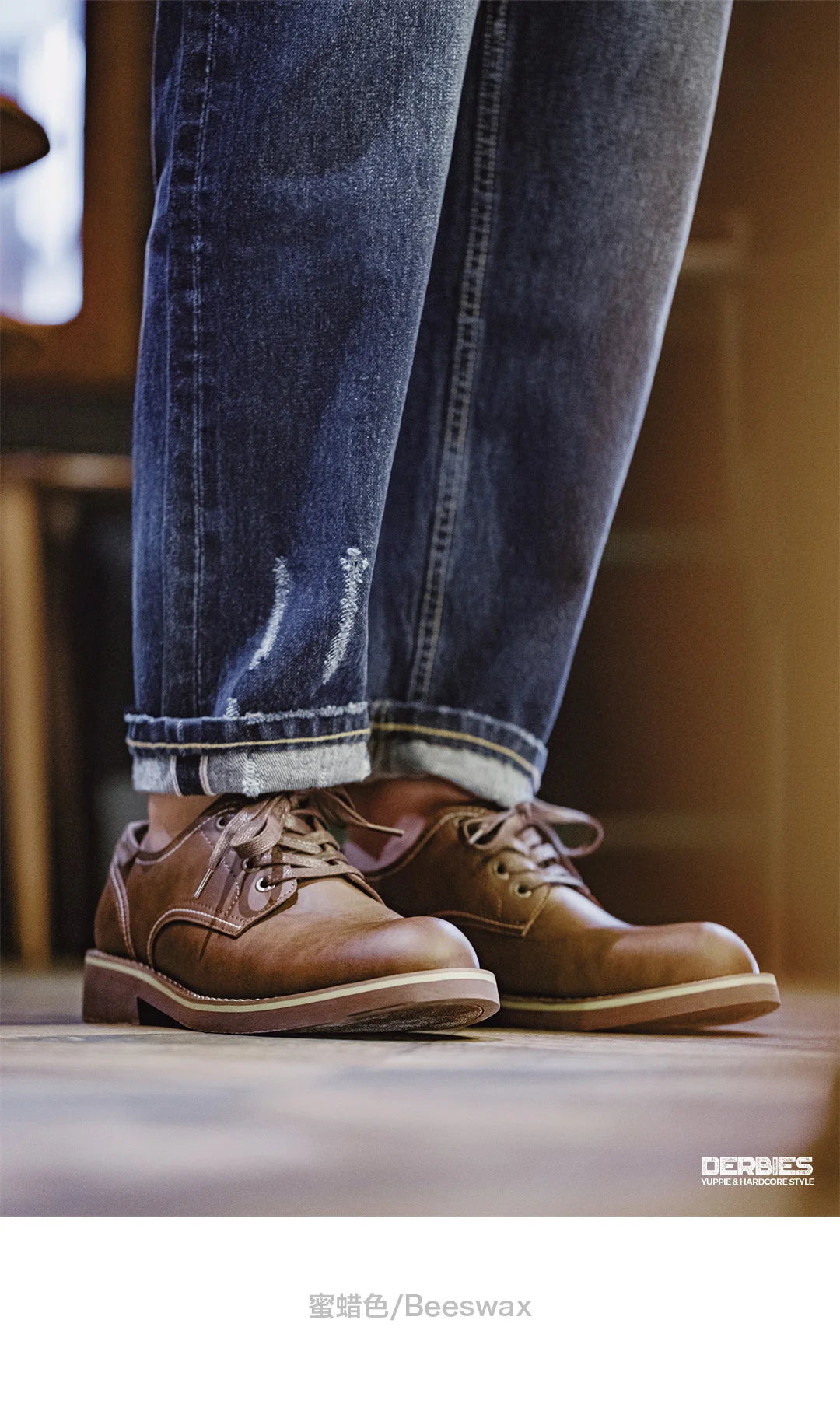 Maden Men's Vintage Split Leather Dress Shoes Classic Low-top Work Boots Round-toed Shoes for Spring Fall Smart Casual Shoes