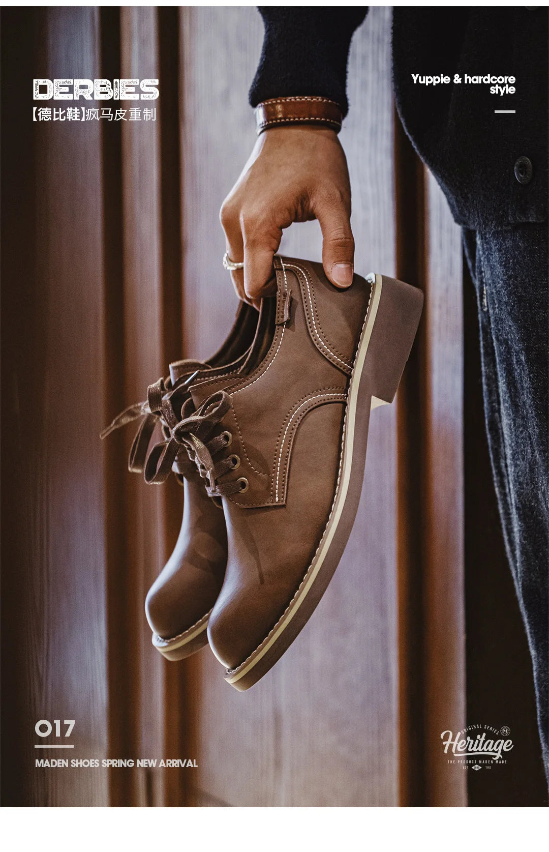 Maden Men's Vintage Split Leather Dress Shoes Classic Low-top Work Boots Round-toed Shoes for Spring Fall Smart Casual Shoes