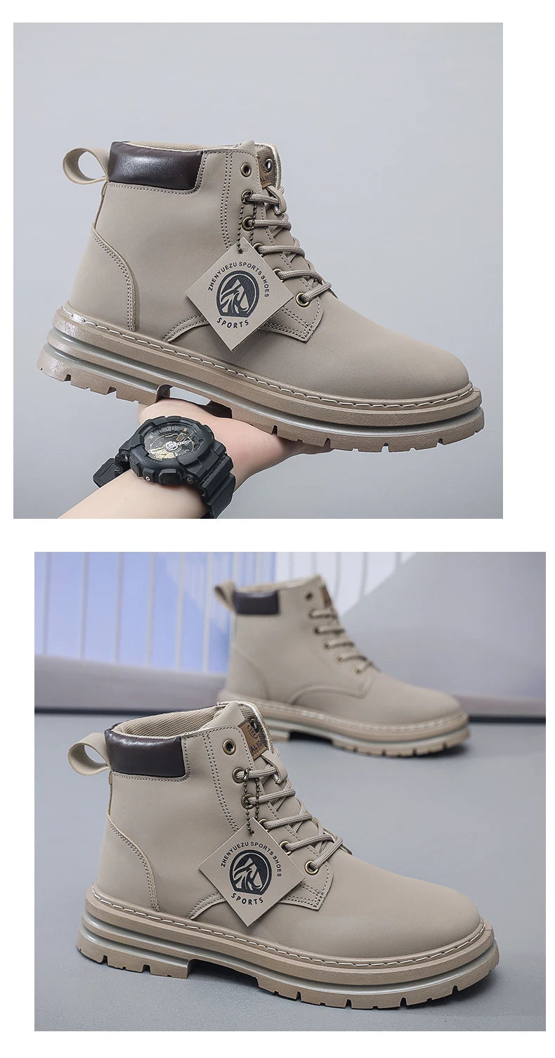 Men Leather Shoes High Top Boots Fashion Motorcycle Ankle Boots Men Winter Boots Man Shoes Lace-Up Botas Hombre Spring Hot Sale