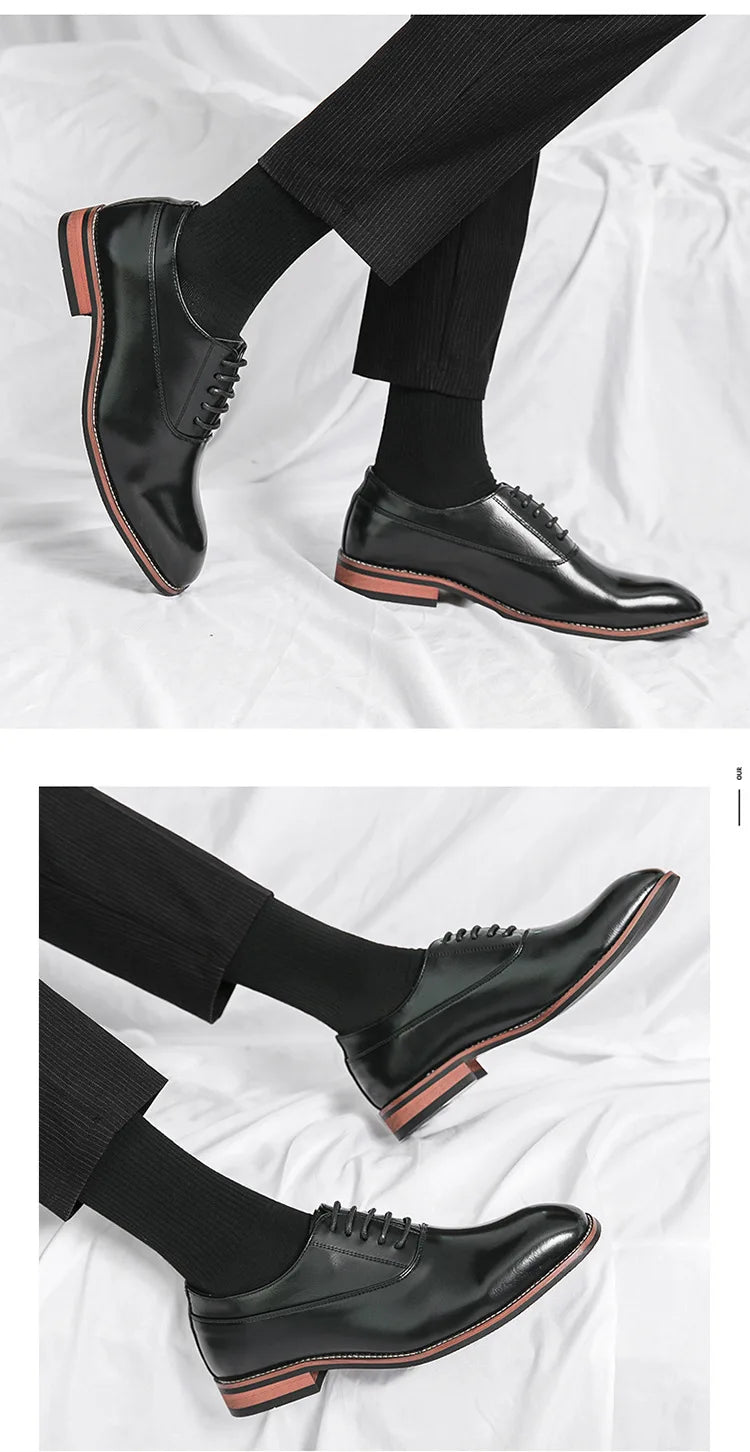 Gentleman's Leather Shoes with Rubber Sole Men's Formal Shoes Low Top Sharp Toe Leather Patchwork Business Shoes for Adults