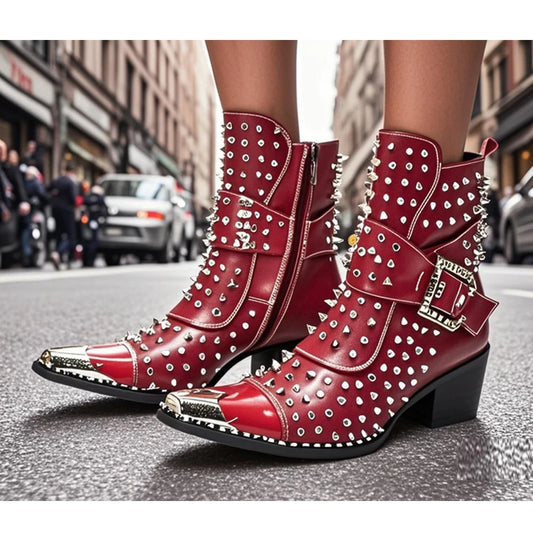 Spring and autumn fashion singer model personality high heel pointed Leather Boots Men's shoes quality rivet men's Boots