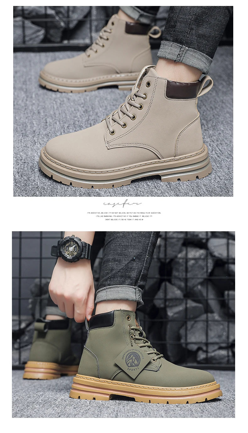 Men Leather Shoes High Top Boots Fashion Motorcycle Ankle Boots Men Winter Boots Man Shoes Lace-Up Botas Hombre Spring Hot Sale