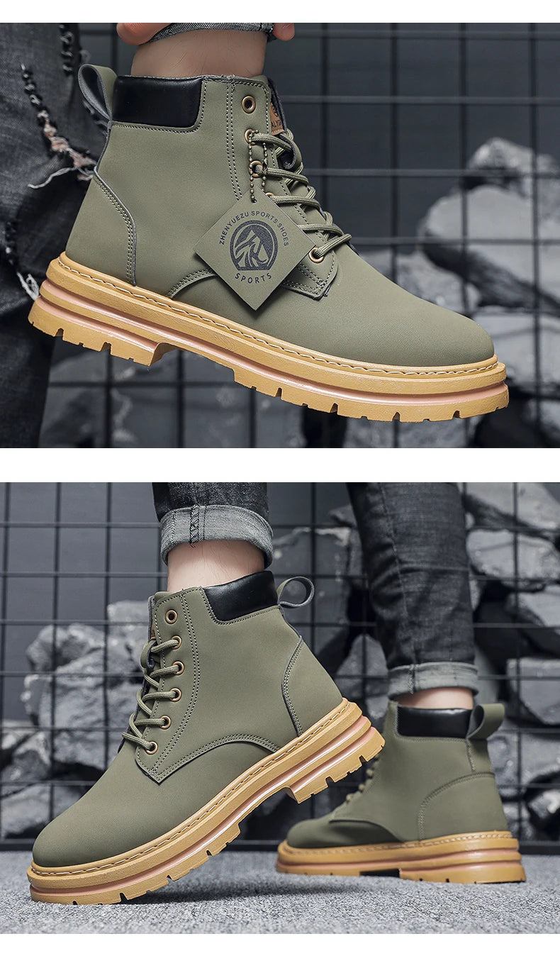 Men Leather Shoes High Top Boots Fashion Motorcycle Ankle Boots Men Winter Boots Man Shoes Lace-Up Botas Hombre Spring Hot Sale