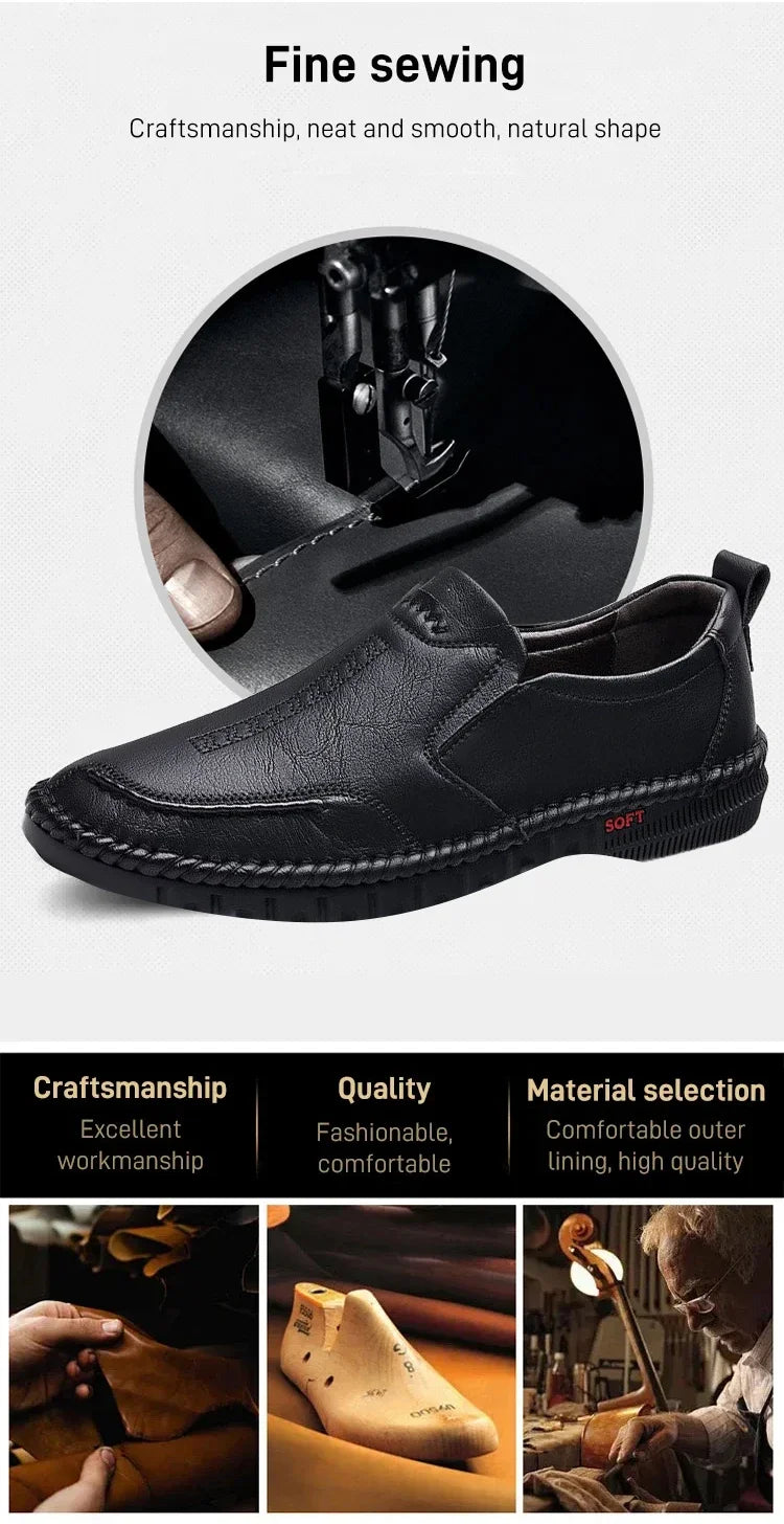 Men's Hand Stitched Genuine Leather Slip On Shoes Business Formal Occasion Wedding Party Footwear Leisure Official Board-Shoes