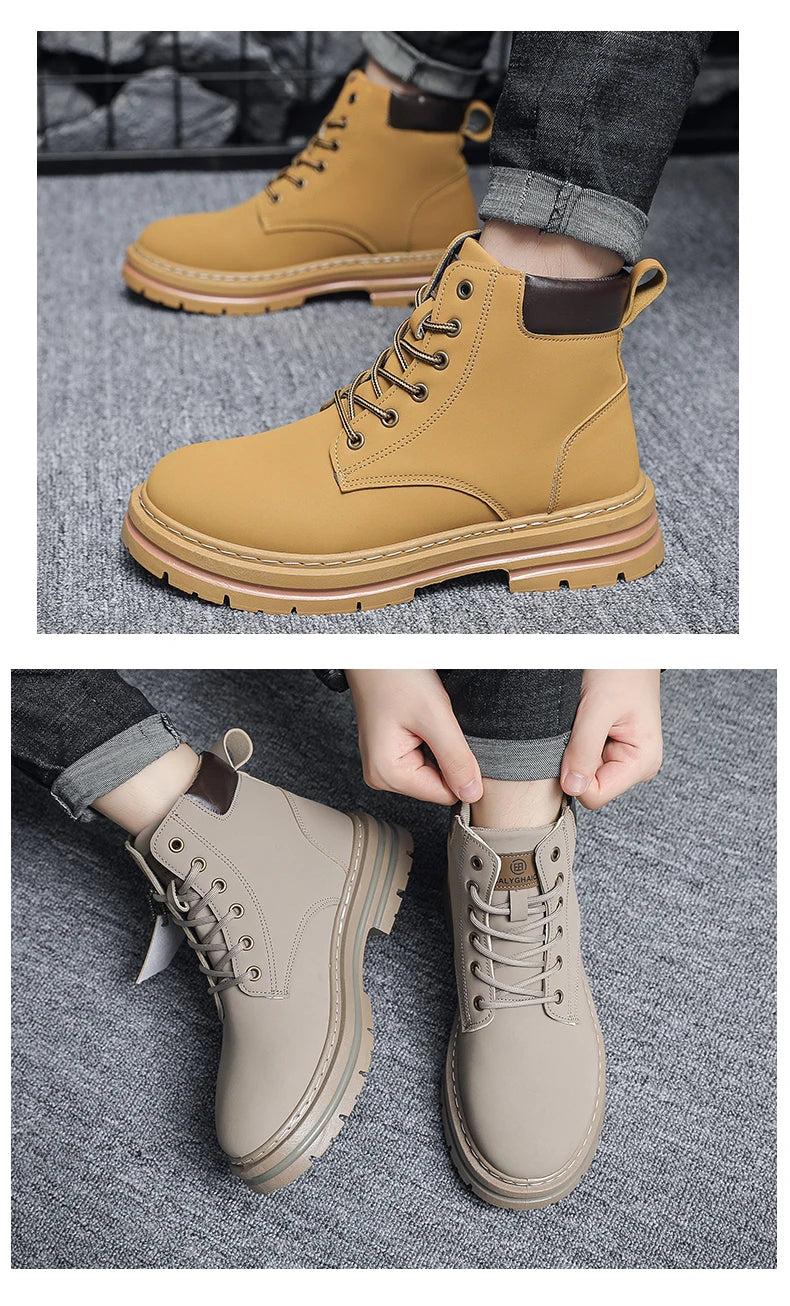 Men Leather Shoes High Top Boots Fashion Motorcycle Ankle Boots Men Winter Boots Man Shoes Lace-Up Botas Hombre Spring Hot Sale