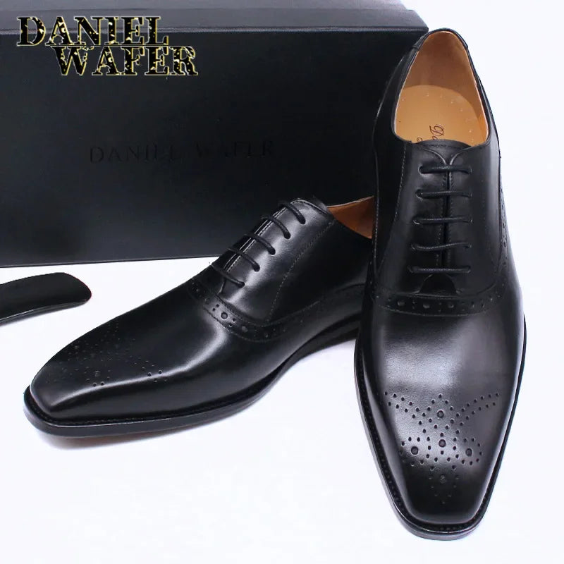 Men's Genuine Leather Oxford Shoes Brown & Black High-Quality Snake Print Lace-Up Business Dress Suit Wedding Shoes