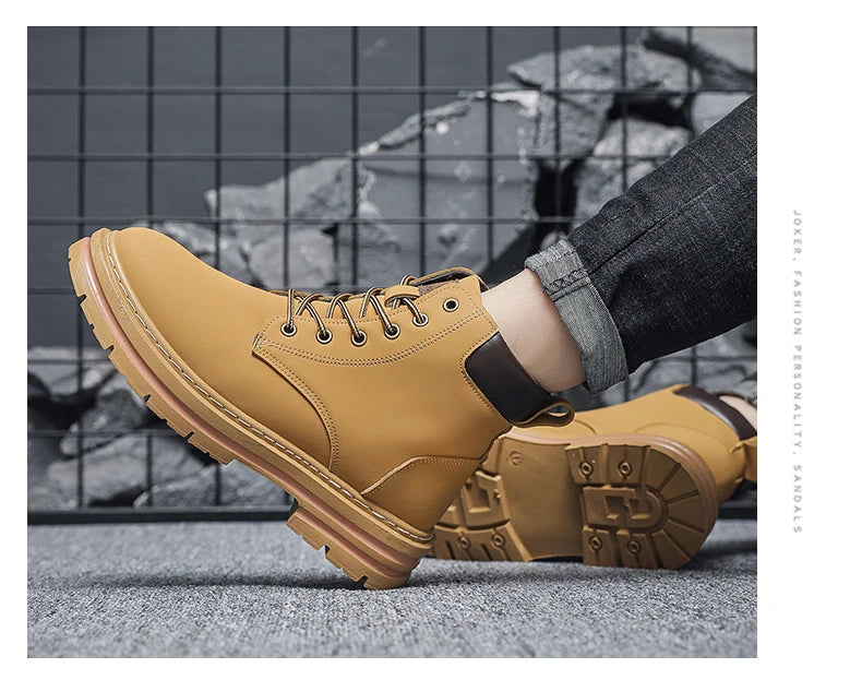 Men Leather Shoes High Top Boots Fashion Motorcycle Ankle Boots Men Winter Boots Man Shoes Lace-Up Botas Hombre Spring Hot Sale