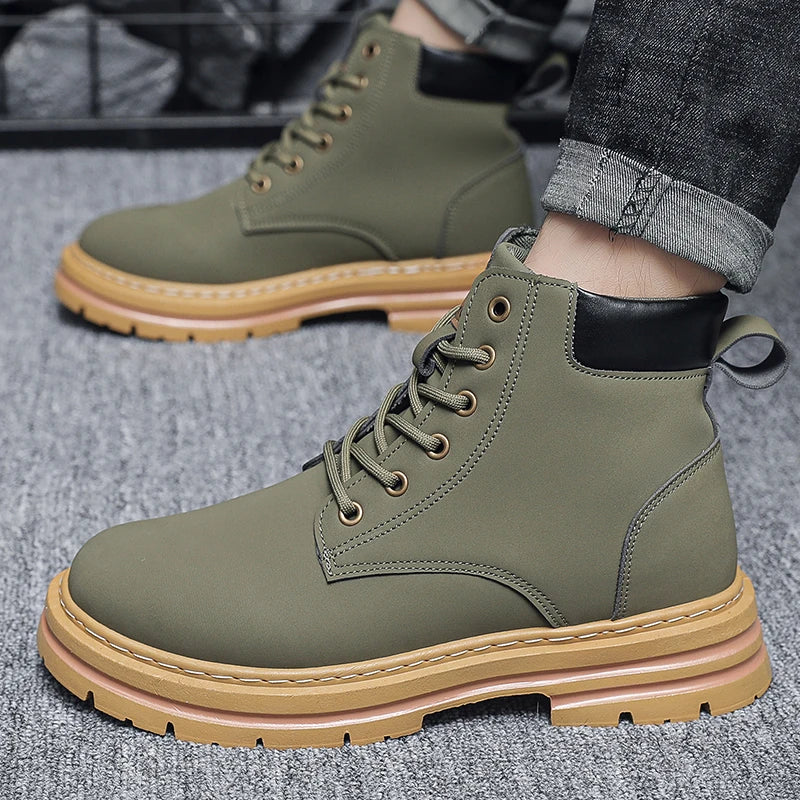 Men Leather Shoes High Top Boots Fashion Motorcycle Ankle Boots Men Winter Boots Man Shoes Lace-Up Botas Hombre Spring Hot Sale