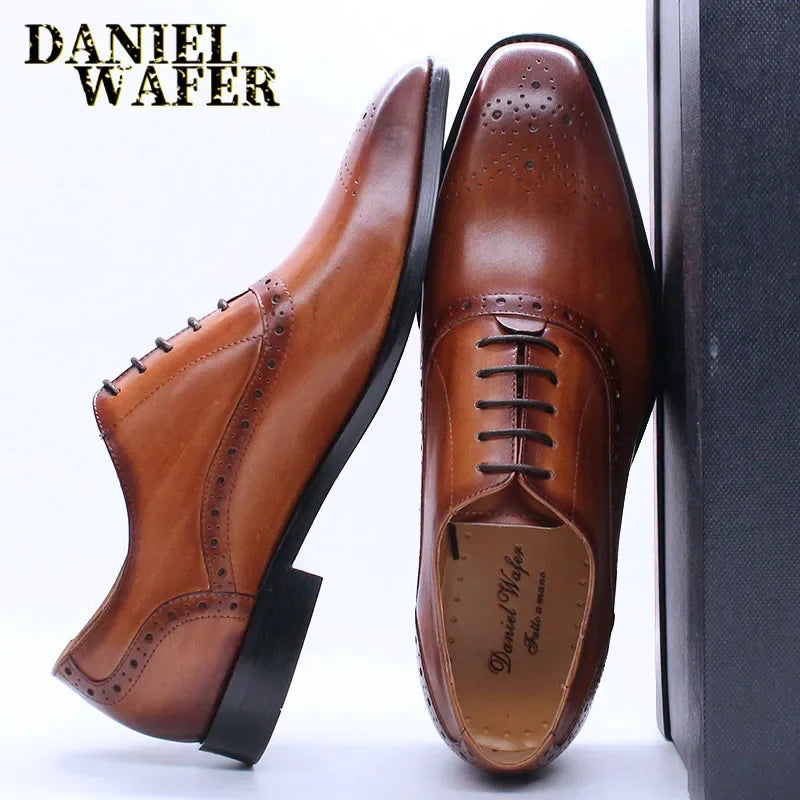 Men's Genuine Leather Oxford Shoes Brown & Black High-Quality Snake Print Lace-Up Business Dress Suit Wedding Shoes