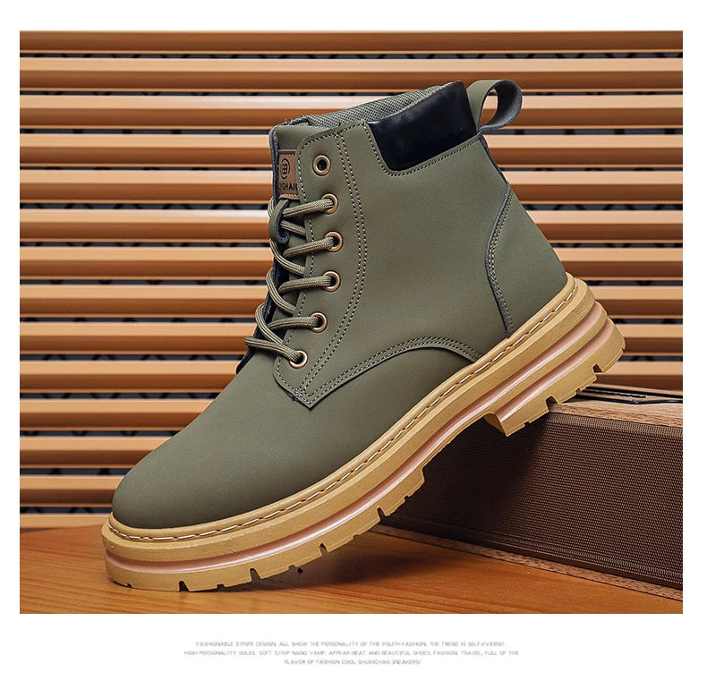 Men Leather Shoes High Top Boots Fashion Motorcycle Ankle Boots Men Winter Boots Man Shoes Lace-Up Botas Hombre Spring Hot Sale