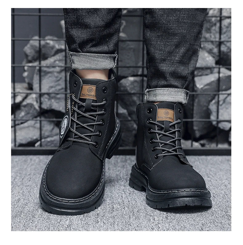 Men Leather Shoes High Top Boots Fashion Motorcycle Ankle Boots Men Winter Boots Man Shoes Lace-Up Botas Hombre Spring Hot Sale