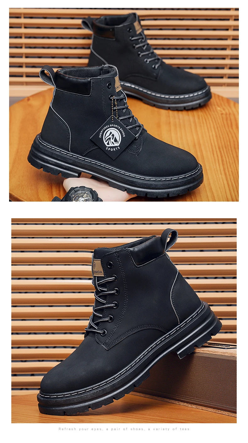 Men Leather Shoes High Top Boots Fashion Motorcycle Ankle Boots Men Winter Boots Man Shoes Lace-Up Botas Hombre Spring Hot Sale