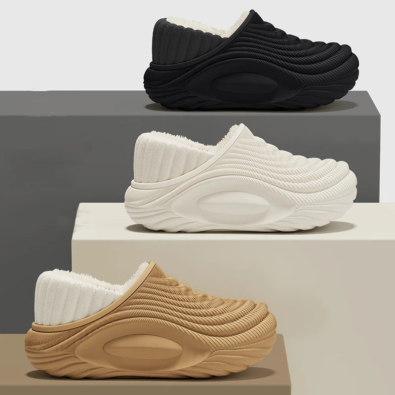 Warm Plush Waterproof EVA Indoor Slippers For Women Winter Soft Thick Bottom Non Slip Home Slippers Couple's Furry Slides