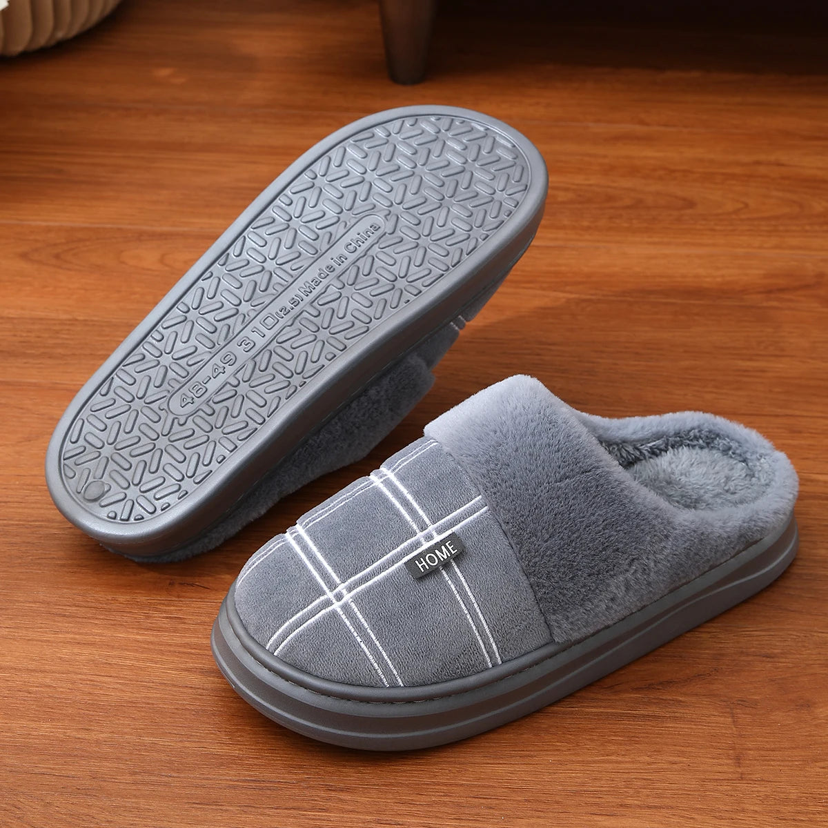 Fashion Men Home Slippers Warm Soft Non-Slip Slippers Black Large Size 40-51 Plaid Memory Foam Winter Plush Male Indoor Shoes