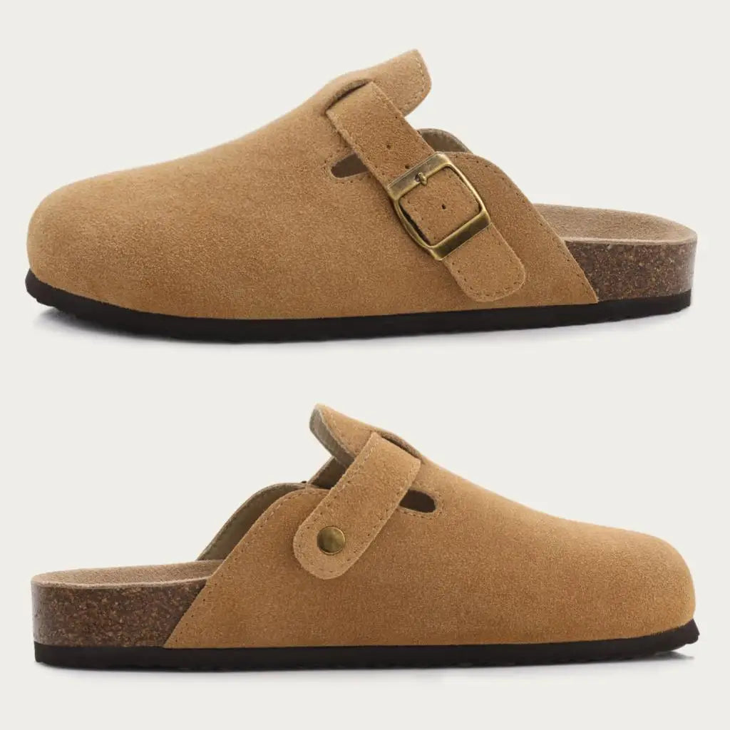 Comwarm Fashion Men's Suede Mules Slippers New Women Clogs Cork Insole Sandals With Arch Support Outdoor Beach Slides Home Shoes