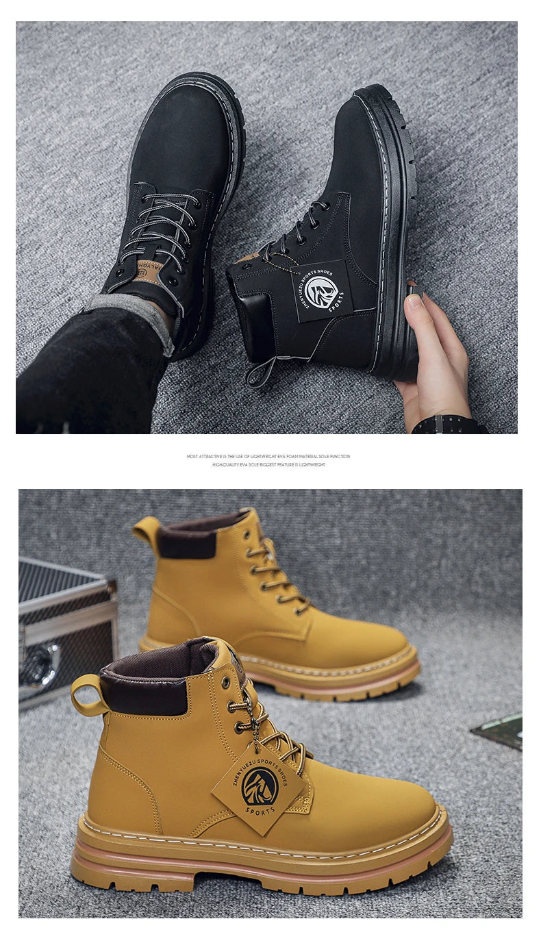 Men Leather Shoes High Top Boots Fashion Motorcycle Ankle Boots Men Winter Boots Man Shoes Lace-Up Botas Hombre Spring Hot Sale