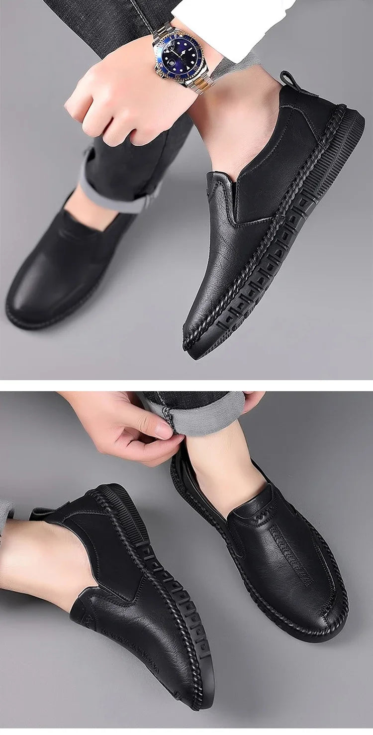 Men's Hand Stitched Genuine Leather Slip On Shoes Business Formal Occasion Wedding Party Footwear Leisure Official Board-Shoes