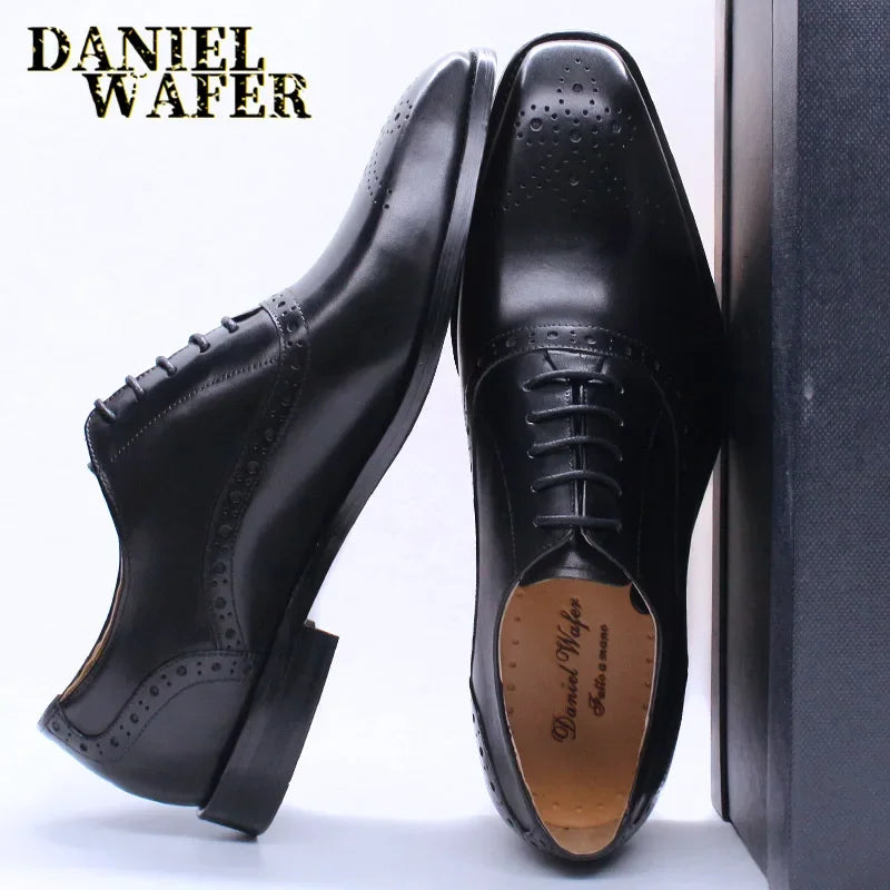 Men's Genuine Leather Oxford Shoes Brown & Black High-Quality Snake Print Lace-Up Business Dress Suit Wedding Shoes