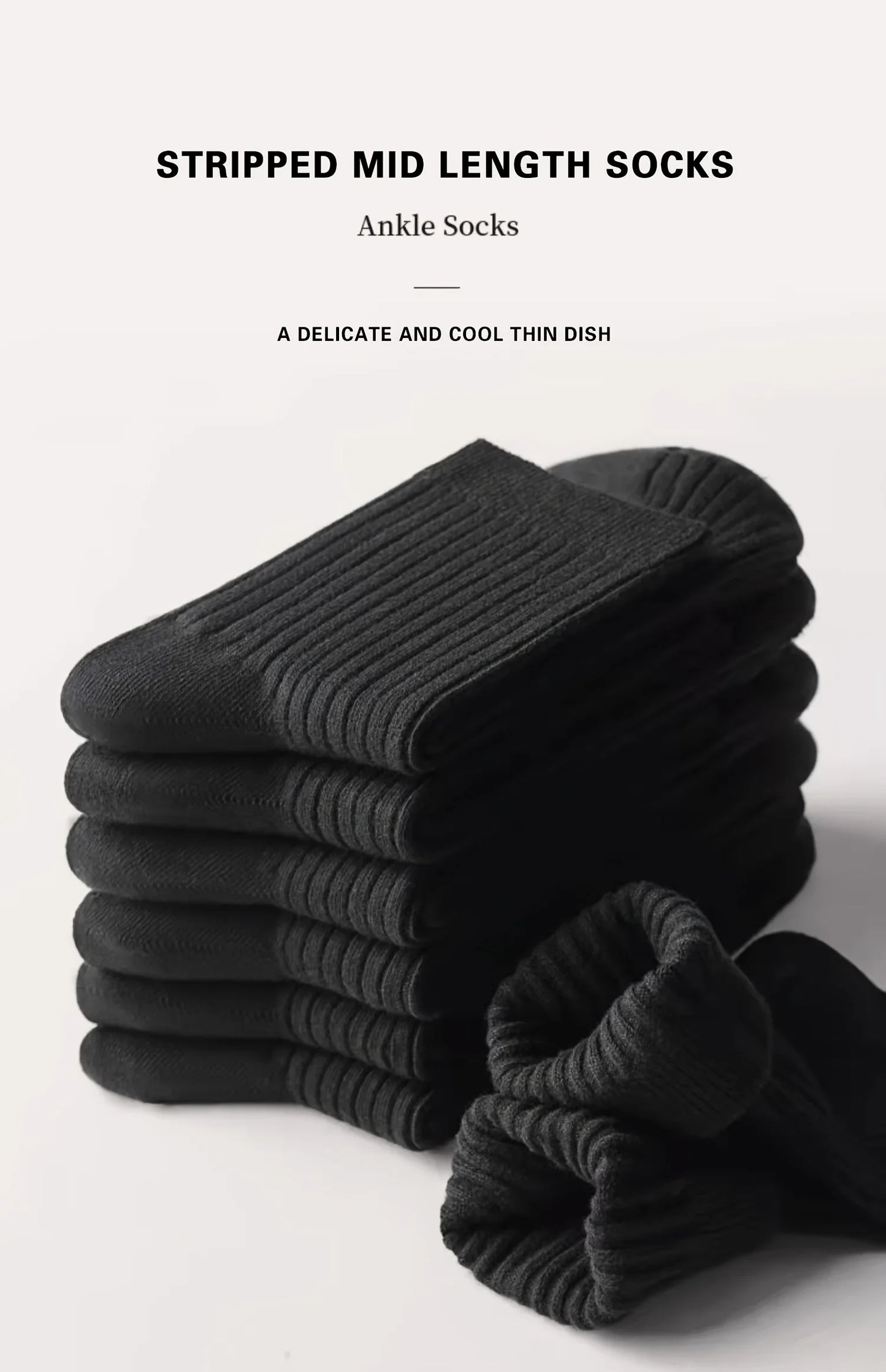 6 Pairs of Men's Pure Color Vertical Pattern Mid-Calf Socks, Versatile Black Socks for Business All Seasons, Breathable